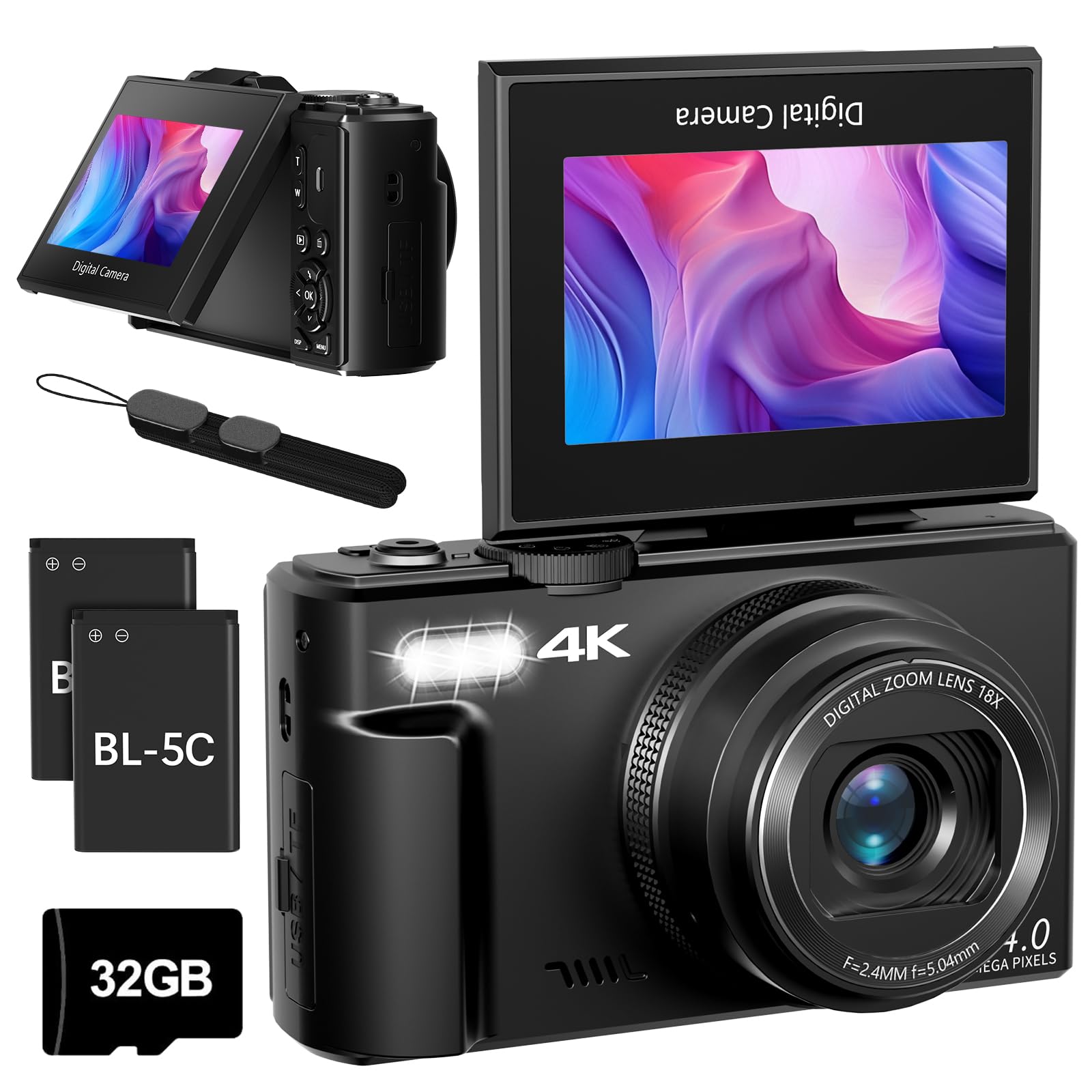 Cameras For Photography, 4K 64Mp Digital Vlogging Camera For Youtube With 3'' 180? Flip Screen, Compact Wifi Camera With 18X Dig